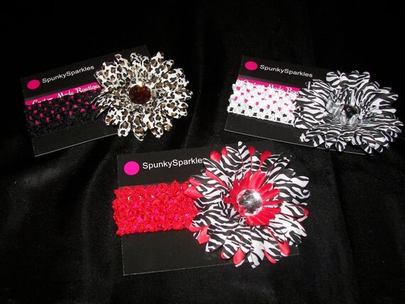 3 Jeweled Daisy Flower Hair Clips--Zebra & Cheetah Print--Matching Head Bands--