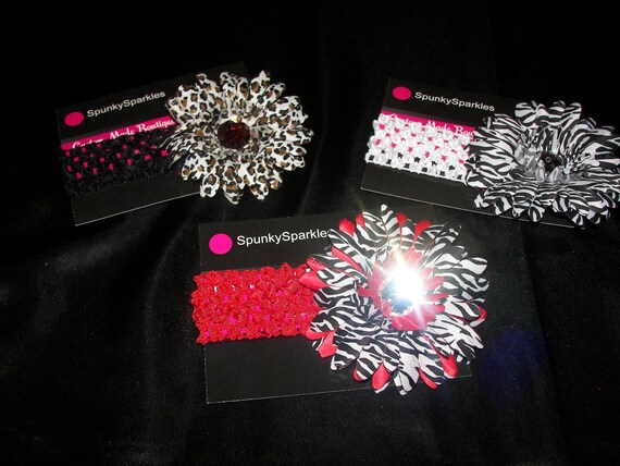 3 Jeweled Daisy Flower Hair Clips--Zebra & Cheetah Print--Matching Head Bands--