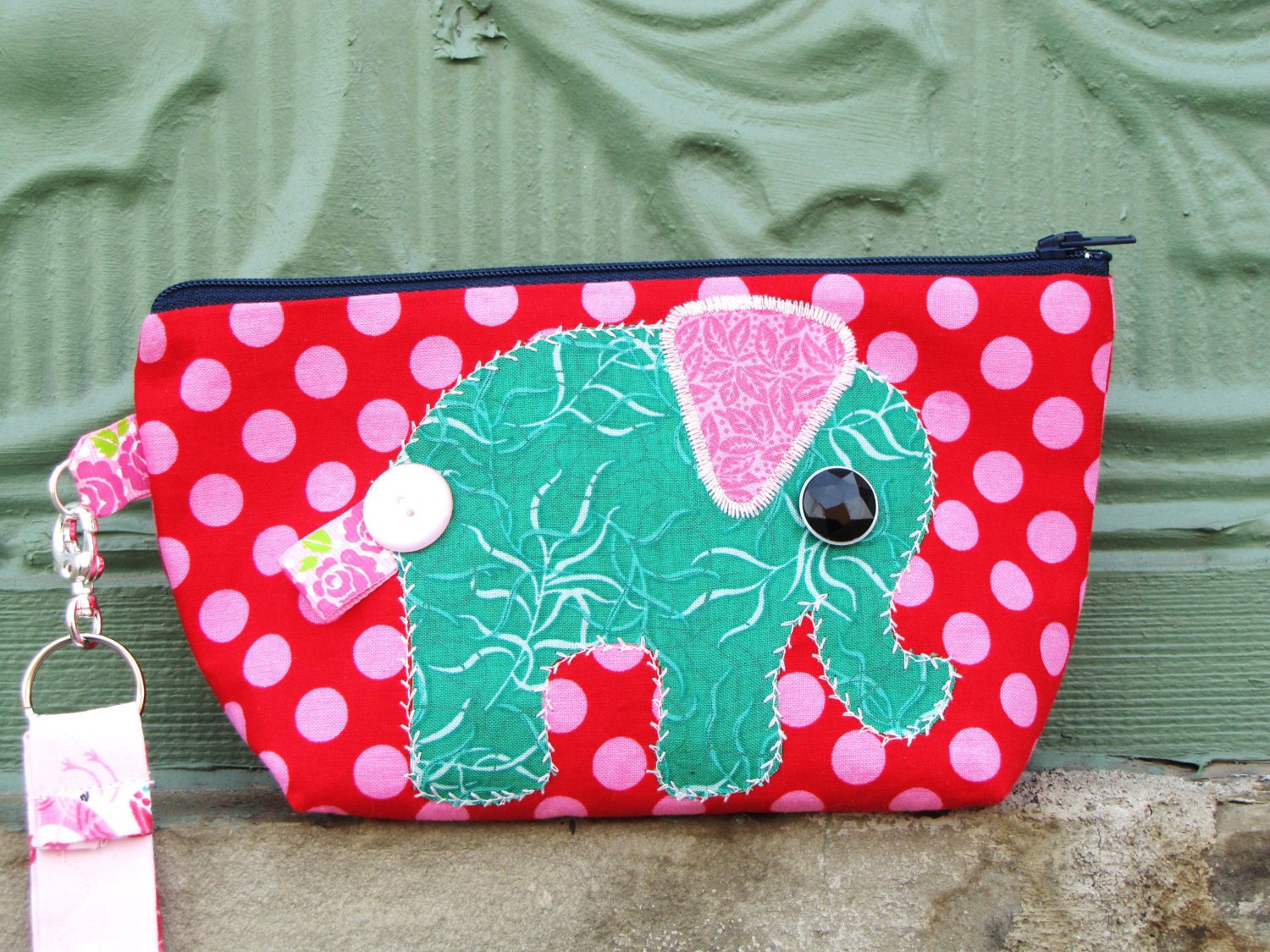 Red and Pink Polka Dot Zippy Wristlet Bag with Green Elephant Applique