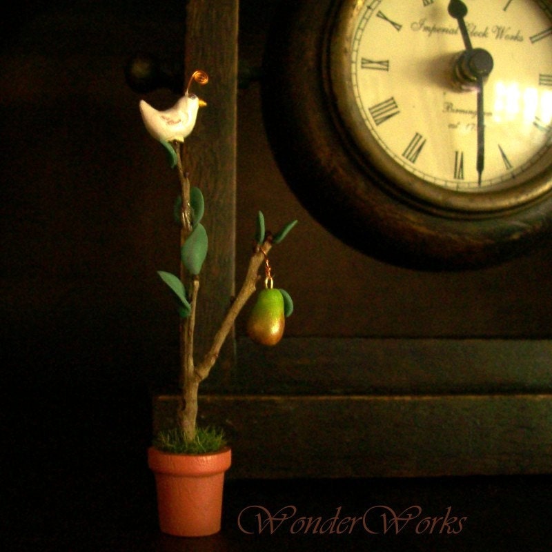 Very Tiny Partridge in a Pear Tree - OOAK Handsculpted Dollhouse Scale Decor or Unique Holiday Gift