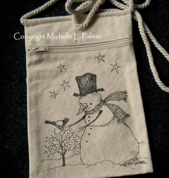 Snowman Winter Christmas Stars Sparrow Bird Original Art Illustration on Natural Canvas Bag Tote Purse