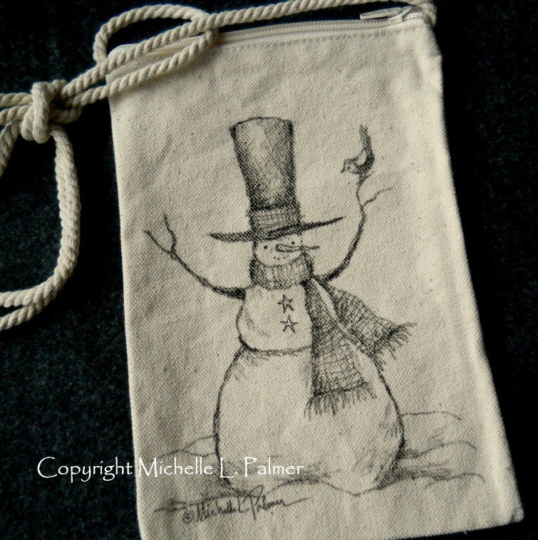 Snowman Winter Christmas Sparrow Bird Original Art Illustration on Natural Canvas Bag Tote Purse