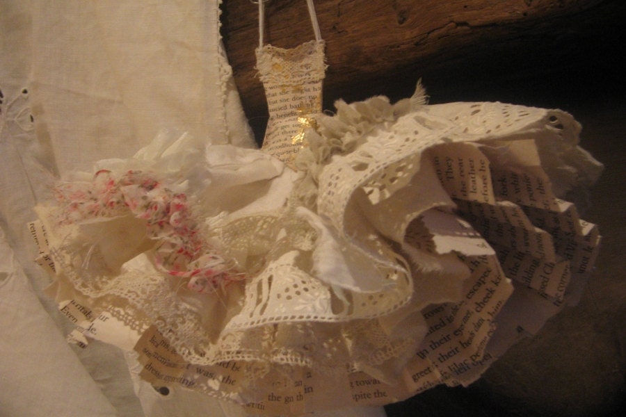 Assemblage Art Dress Made From Paper and Fabric - Vintage Lace