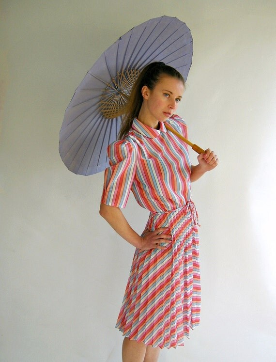 Candy Stripes Vintage 80s Dress S M Puffed Sleeves by empressjade Candy Stripes Vintage 80s Dress S M Puffed Sleeves by empressjade