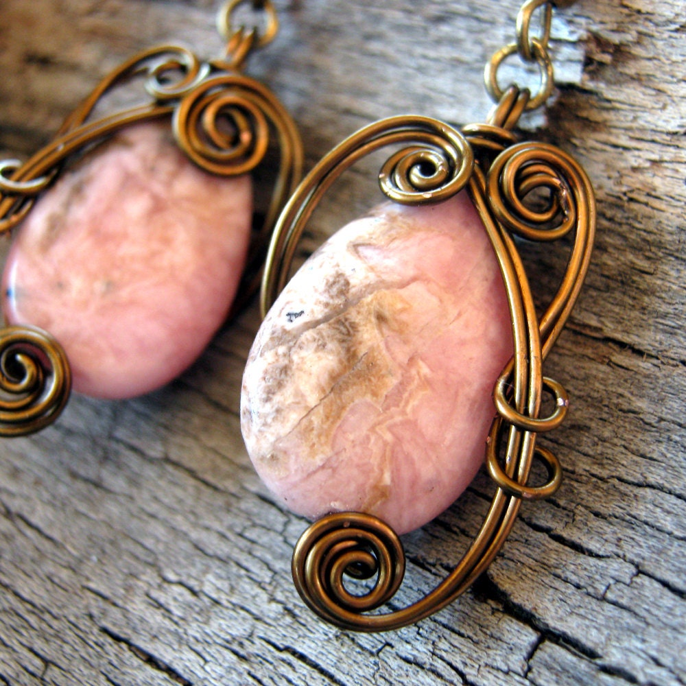Wire Wrapped Dangle Earrings - Pink Rhodochrosite in Antique Bronze