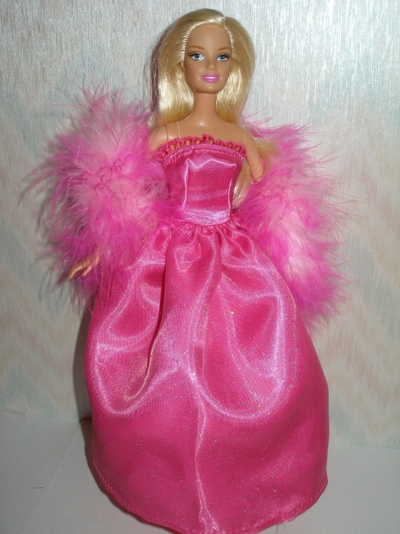 Handmade Barbie clothes - bright pink satin gown with boa
