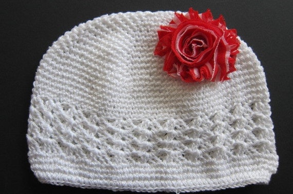 White Kufi Hat with Red and White Striped Shabby Flower Hair Clip for Toddler.  READY TO SHIP.