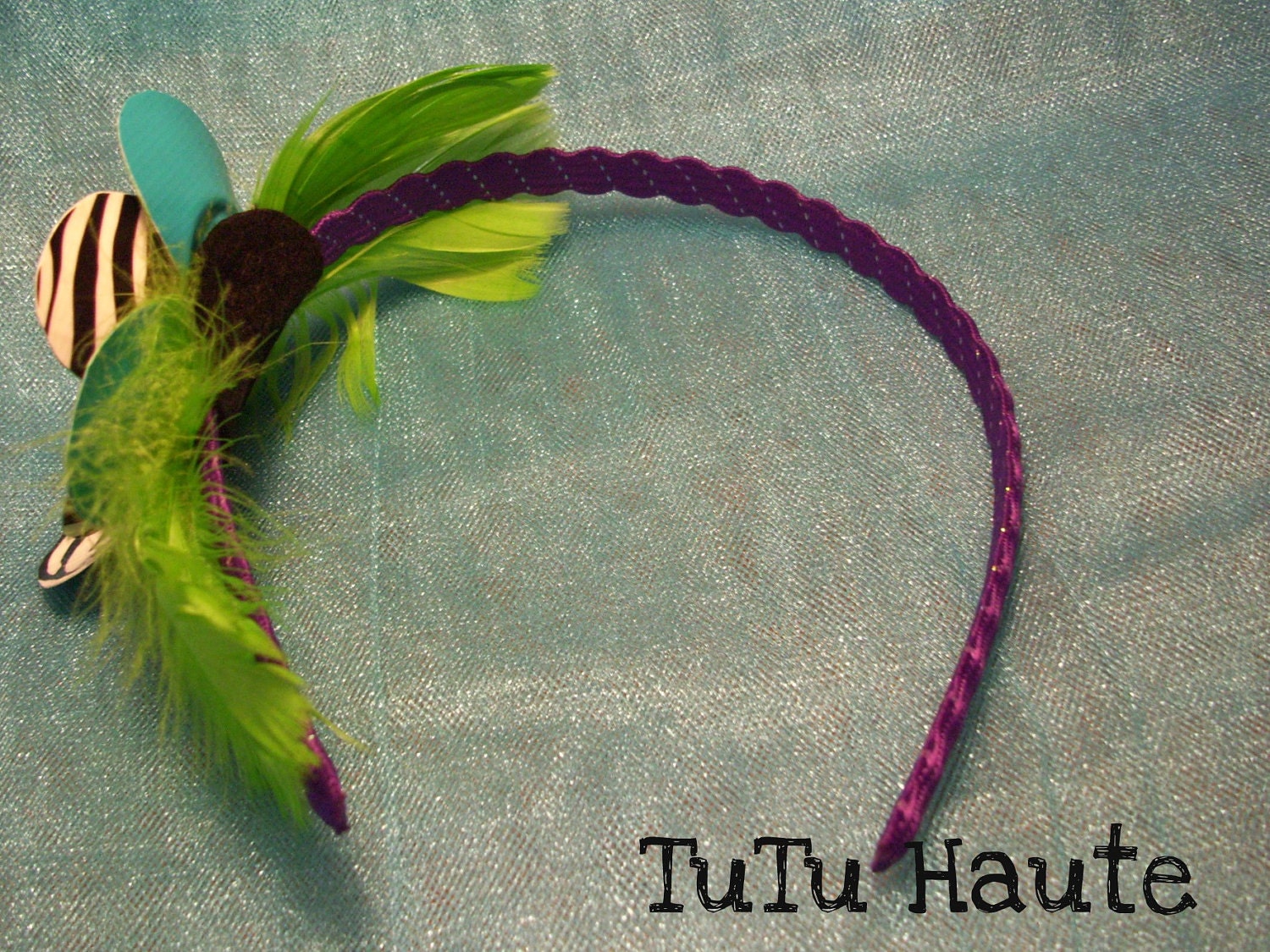 Teal and Zebra Duct Tape Flower and Feather Headband