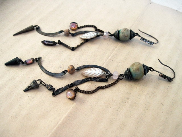 Shoulder Duster Dangles with Ceramic Art Beads. Rustic gypsy assemblage with rhinestones.