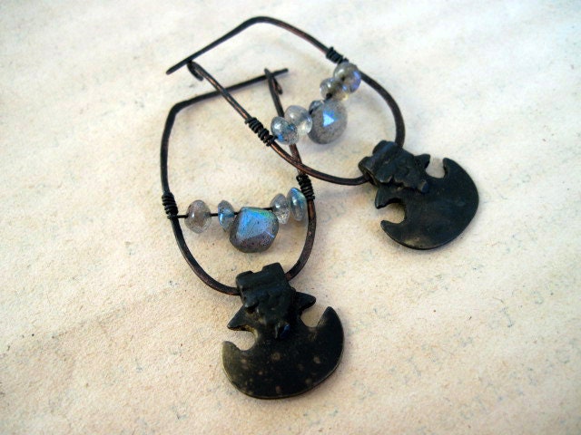 Tribal long hoops with labradorite gemstones and ethnic bronze axe heads.