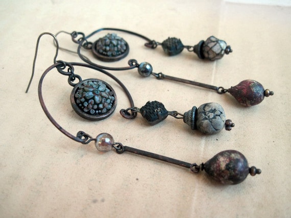 Rustic Gypsy Assemblage Dangles with Polymer Art Beads.