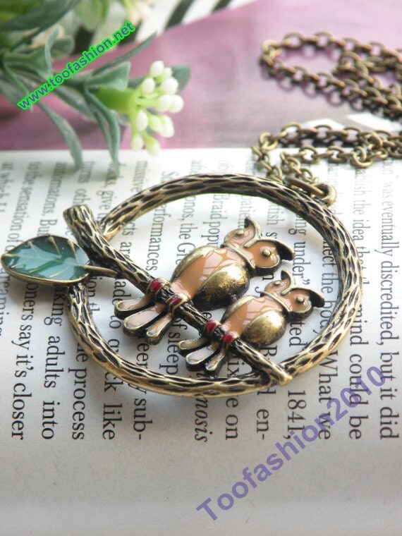 Pretty retro copper 2 owls birds on branch necklace pendant vintage style