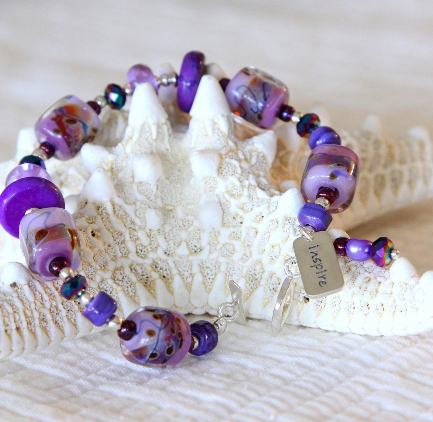 Purple Beaded Bracelet Lampwork Beads Crystals SS Charm