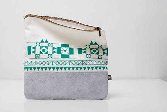 FREE SHIP Geometric Printed Leather-Suede Pouch emerald green
