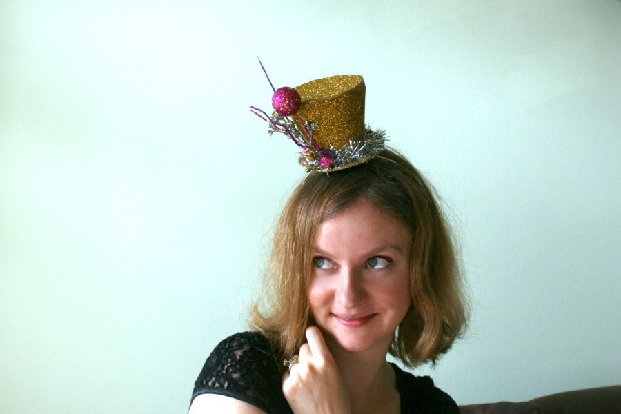 New Years Party Hat - Mini Top Hat in "Times Square" - Gold Base Silver Tinsel & Pink and Silver Accents - Headband Fascinator