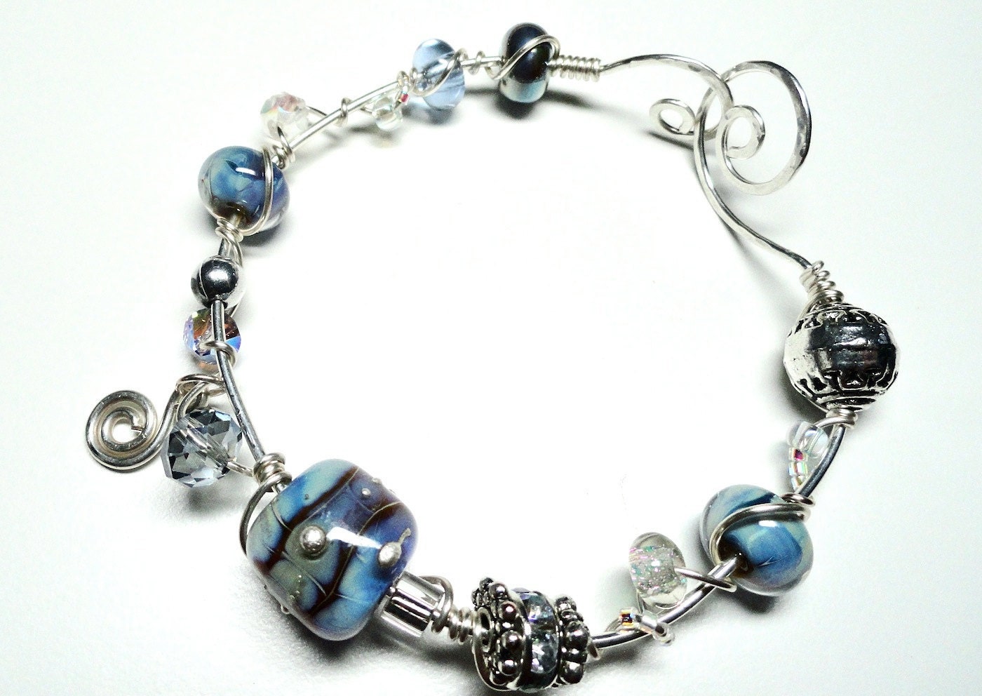 Sea Dreams Aqua Sky Blue Lampwork & Dichroic Bead Wire Wrapped SS Bracelet