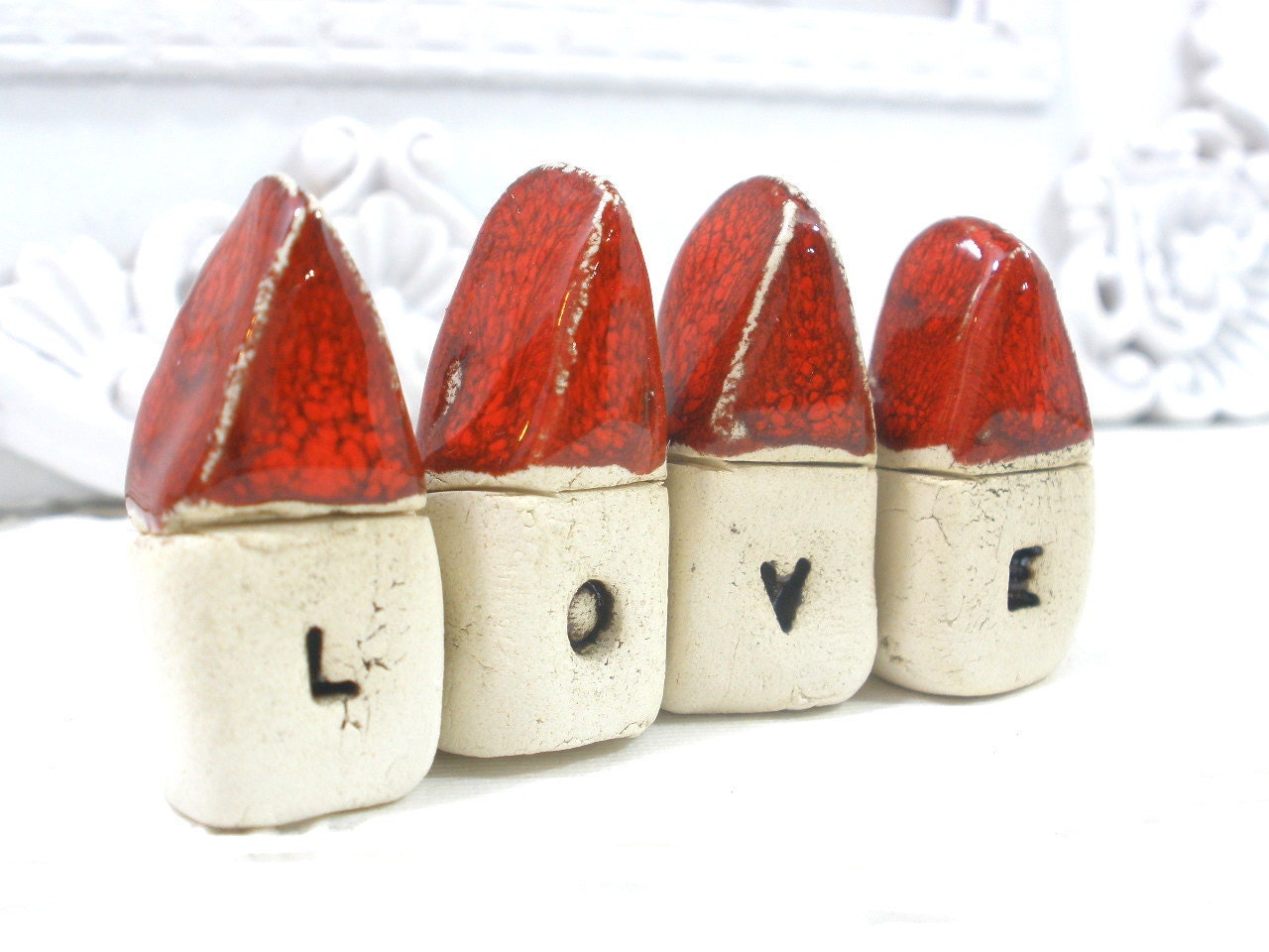 A set of tiny rustic ceramic LOVE houses  Miniature houses  Little houses  - elitett tbteam