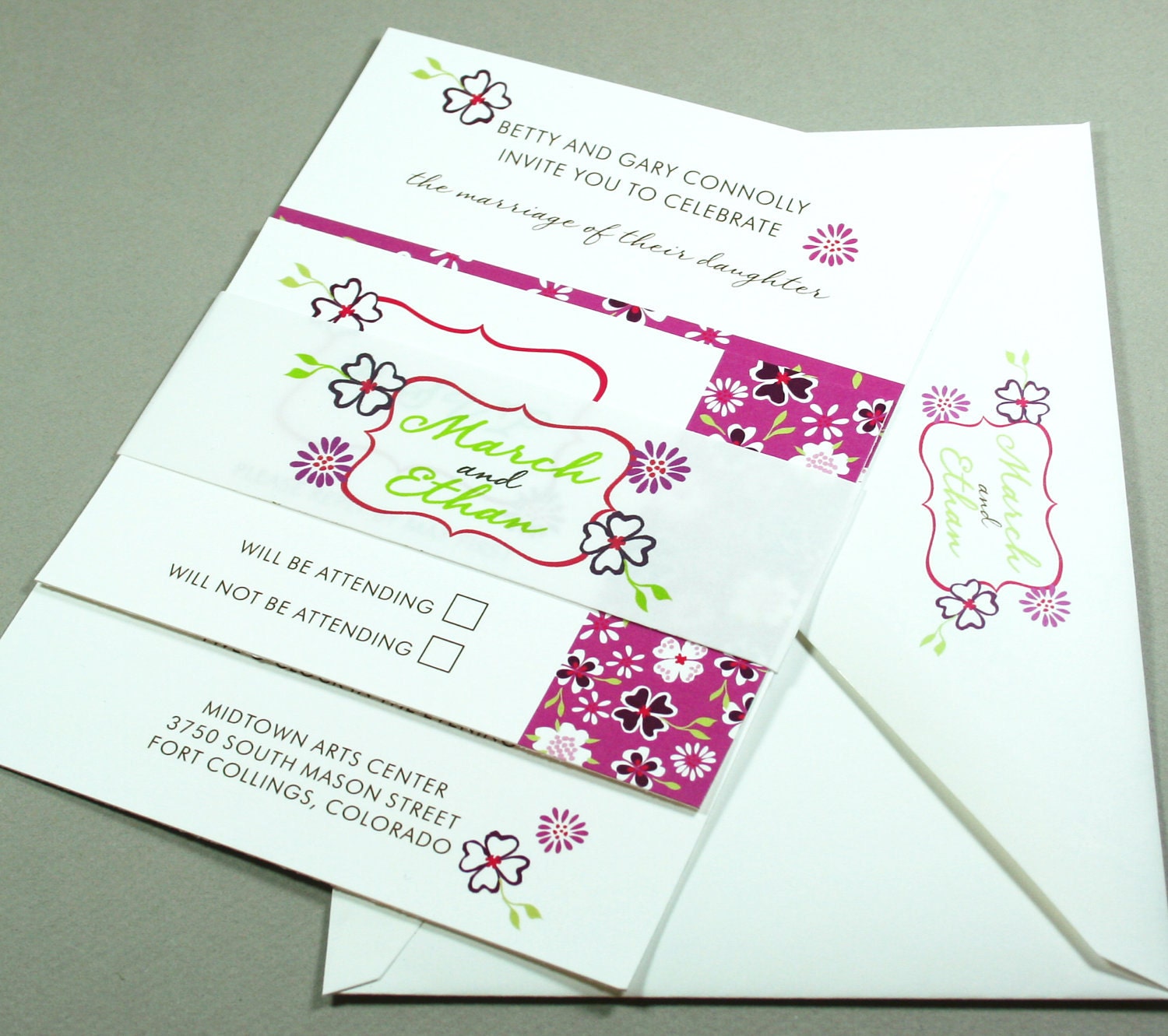 Plum Purple and Fuschia Wedding Invitation Floral Design or customized