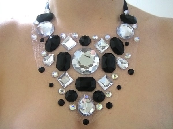 Black and White Gems Aurora Borealis Floating Illusion, Rhinestone Statement Necklace