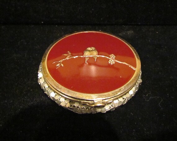 1930's Powder Compact, Evans, Red Enamel & Silver Mesh, Love Birds, Valentine's Day, LOVELY