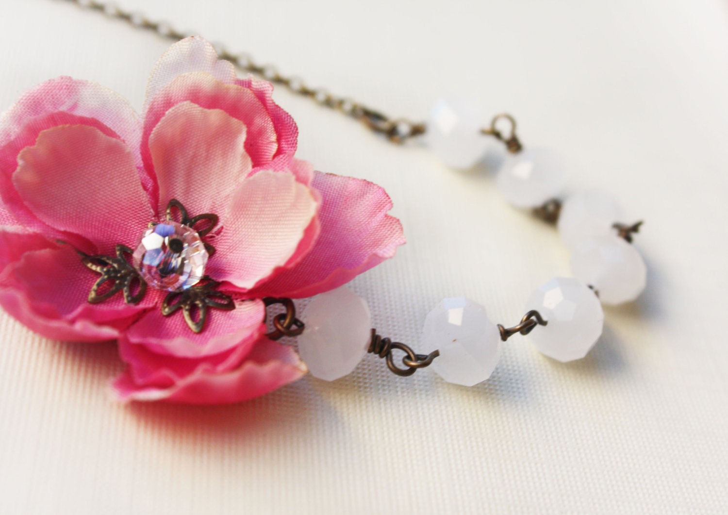 pink cherry blossom necklace, cherry blossom necklace, asymmetrical necklace, white bead necklace