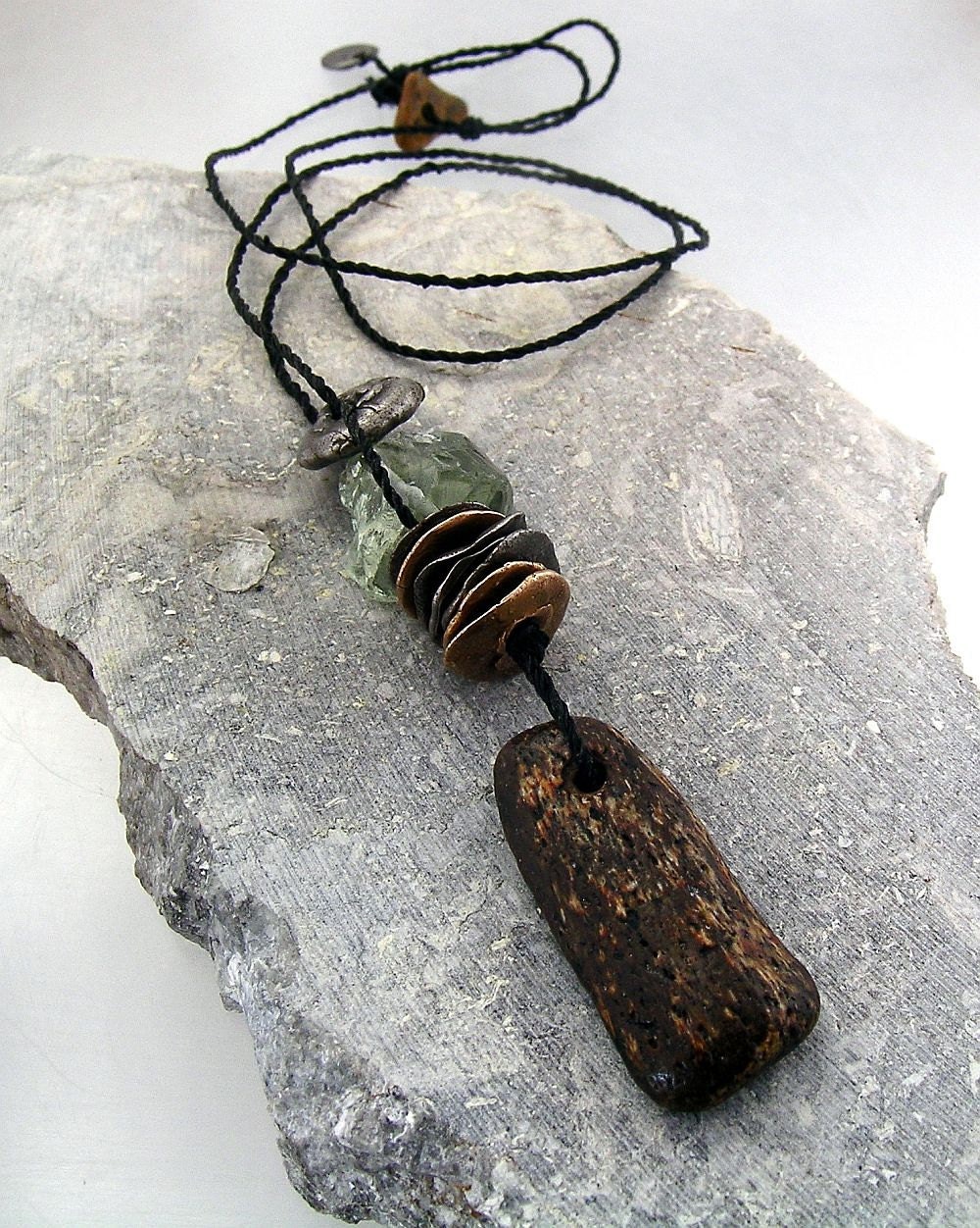 Urban Primitive Gemstone Cairn Pendant - Fossilized Bone, Steel, Bronze and Green Amethyst Pendant