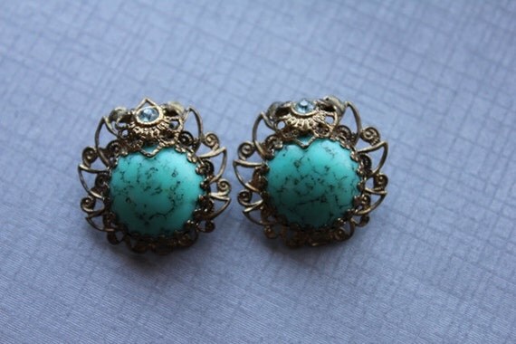 Gold Filigree, Turquiose and Baby Blye Rhinestone Vintage Earrings