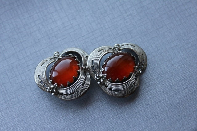 SilverFiligree with Oval Carnelian Stone Center Vintage Earrings