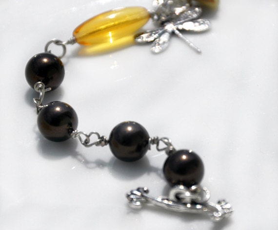 Dragonfly Bracelet With Chocolate Swarovski Pearls  Free Gift Wrap
