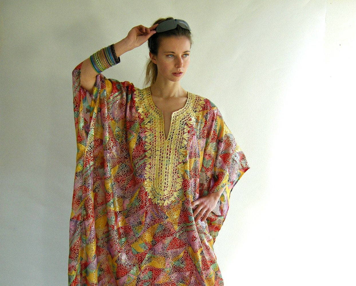 Vintage 60s 70s Caftan Maxi Dress Gold Embroidery by empressjade from etsy.com