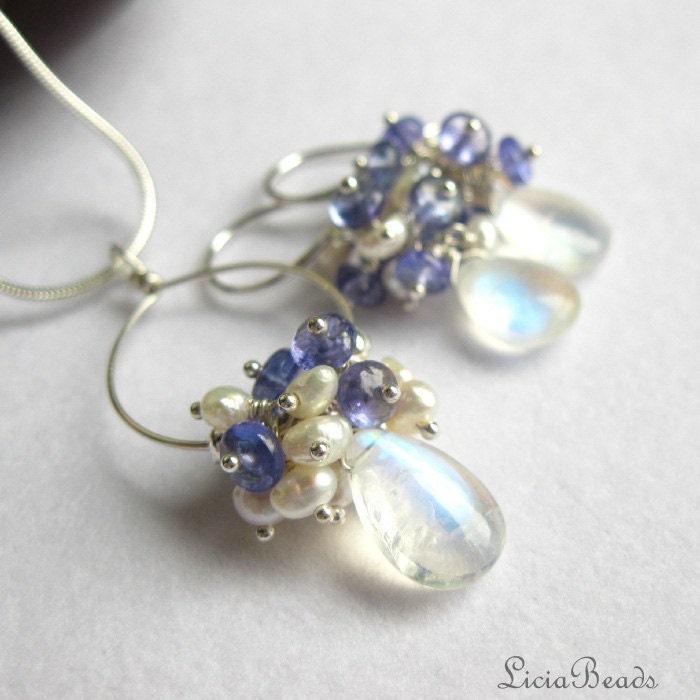 Tanzanite and pearl cluster with moonstone briolettes, sterling silver earring and necklace set