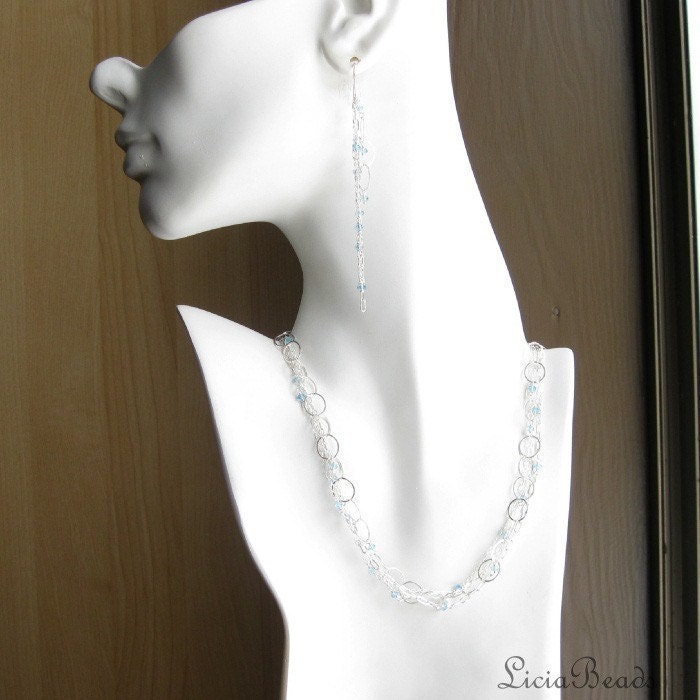 Blue topaz and sterling silver chain layered necklace with matching long dangle earrings