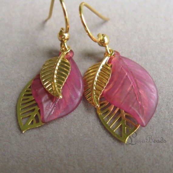Summer Wine - Berry pink leaf earrings