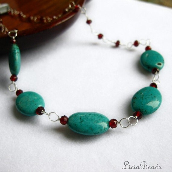 Turquoise and garnet gemstone wire wrapped chain necklace