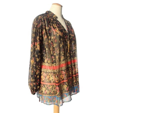 Vintage Sheer Blouse 70s Black Bird Floral by mysweetiepiepie