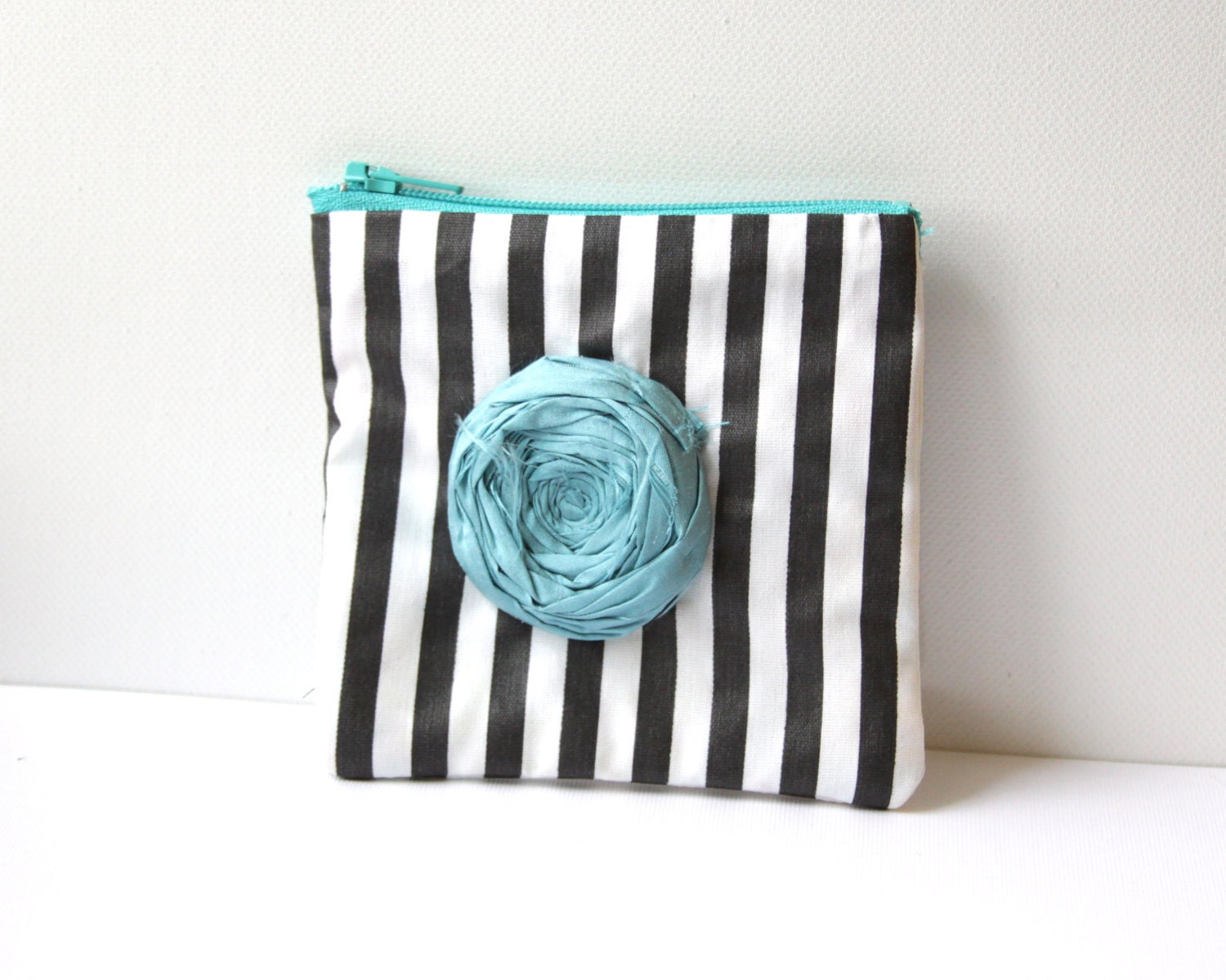 Rosette Coin Purse Vintage Stripe Black and White Shiny Fabric with blue silk handmade Rosette with Purple Zip