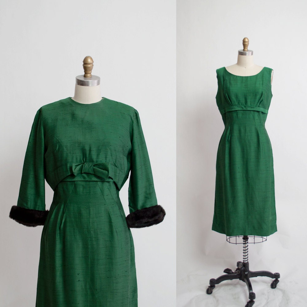 Vintage 50s Pine Green Dress Set Faux Fur by GingerRootVintage pine