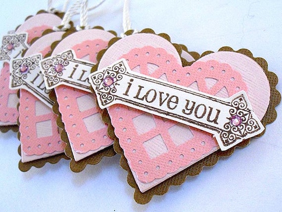 Valentines pink HEART tags (5)