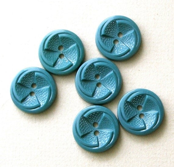 Set of Six Vintage 1930's Teal Plastic Buttons-7/8"-VBP35