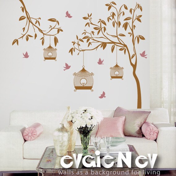 THE ORIGINAL Nursery Removable Wall Vinyl Decal - Garden Tree with Birdcage and Birds - TRGD010R