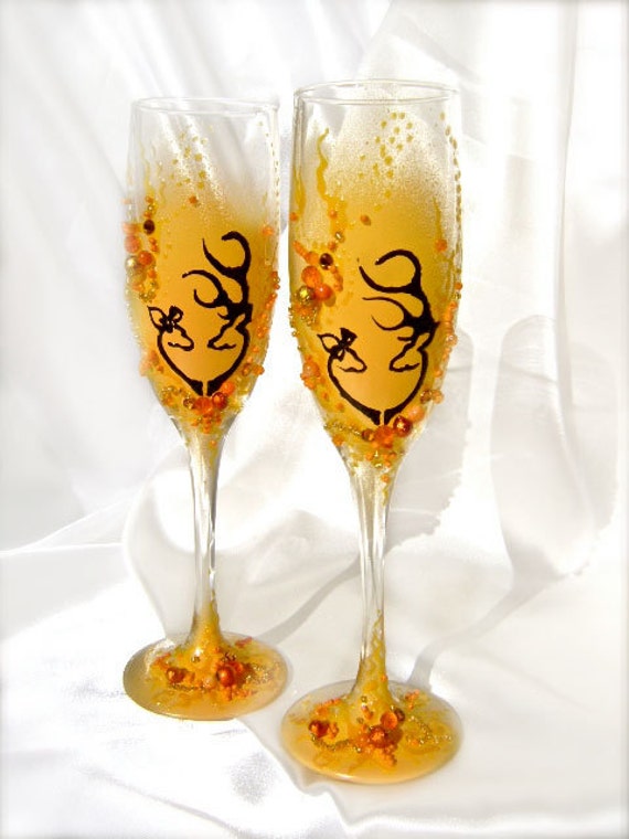 Hand decorated unique orange wedding toasting flutes Set of 2