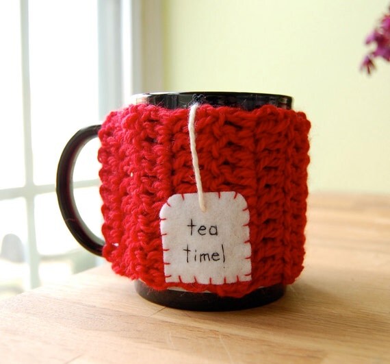 Tea Time Mug Cozy Cherry Red Chai Cup Cosy - READY TO SHIP