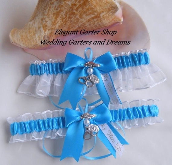 Police Officer Handcuff Charms Turquoise and White Wedding Garters