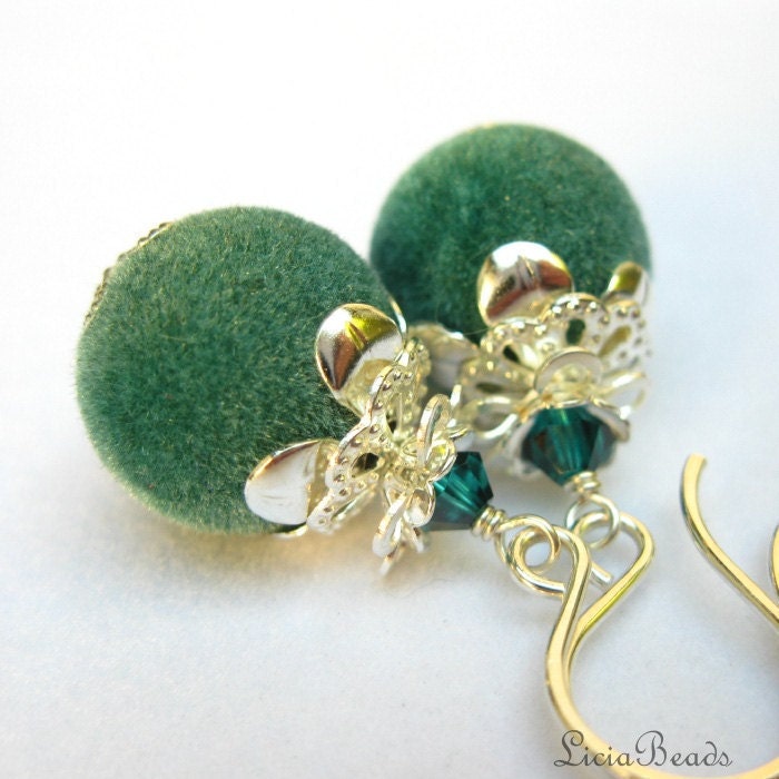 Walk Softly - Fuzzy bead earrings, teal swarovski crystal and sterling silver
