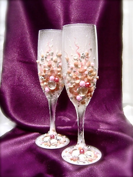 Beach wedding toasting flutes Hand decorated wedding champagne glasses 