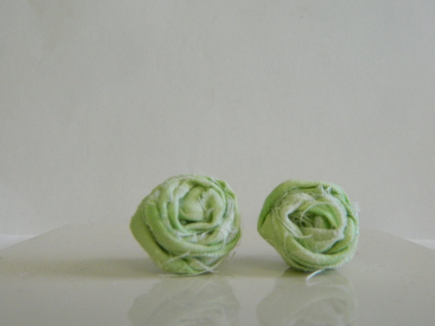 Green and White Fabric Rosette Earrings