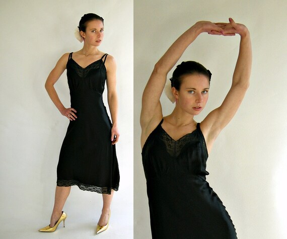 Black Rayon Satin Vintage 40s Textron Full Slip M by empressjade from etsy.com