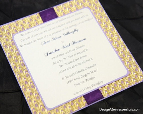 Purple Gold Embossed Feather in One Panel Square Wedding Invitation