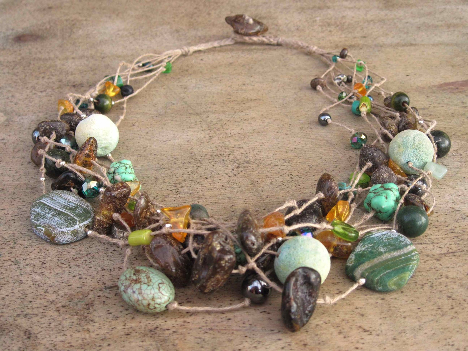Linen Necklace, Amber Necklace, Natural Stones, Raw Amber, Coral, Turquoise, Howlite, Agate, Glass , Green, Forest Tale