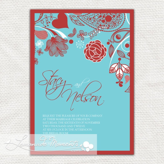  Tiffany Blue and Red Printable Wedding Shower Birthday Invitation